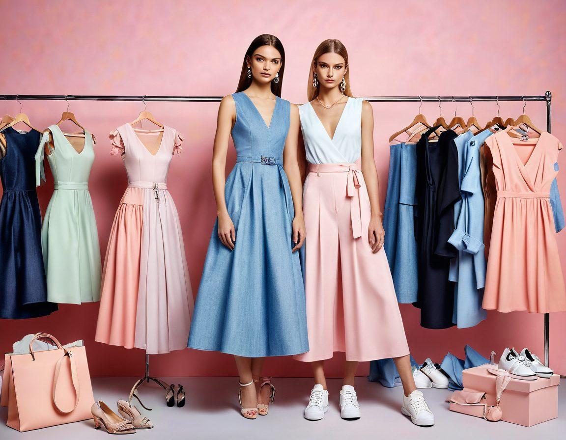 A chic transformation scene featuring a split wardrobe with casual outfits on one side, like denim jeans and sneakers, and elegant outfits on the other, such as evening gowns and stylish heels. The background should have soft pastel colors with delicate accessories like jewelry and bags scattered around. A stylish mannequin displaying an elegant dress stands prominently in the center. Playful elements like fashion sketches and swatches add an artistic touch. super-realistic. vibrant colors. soft pastel background.