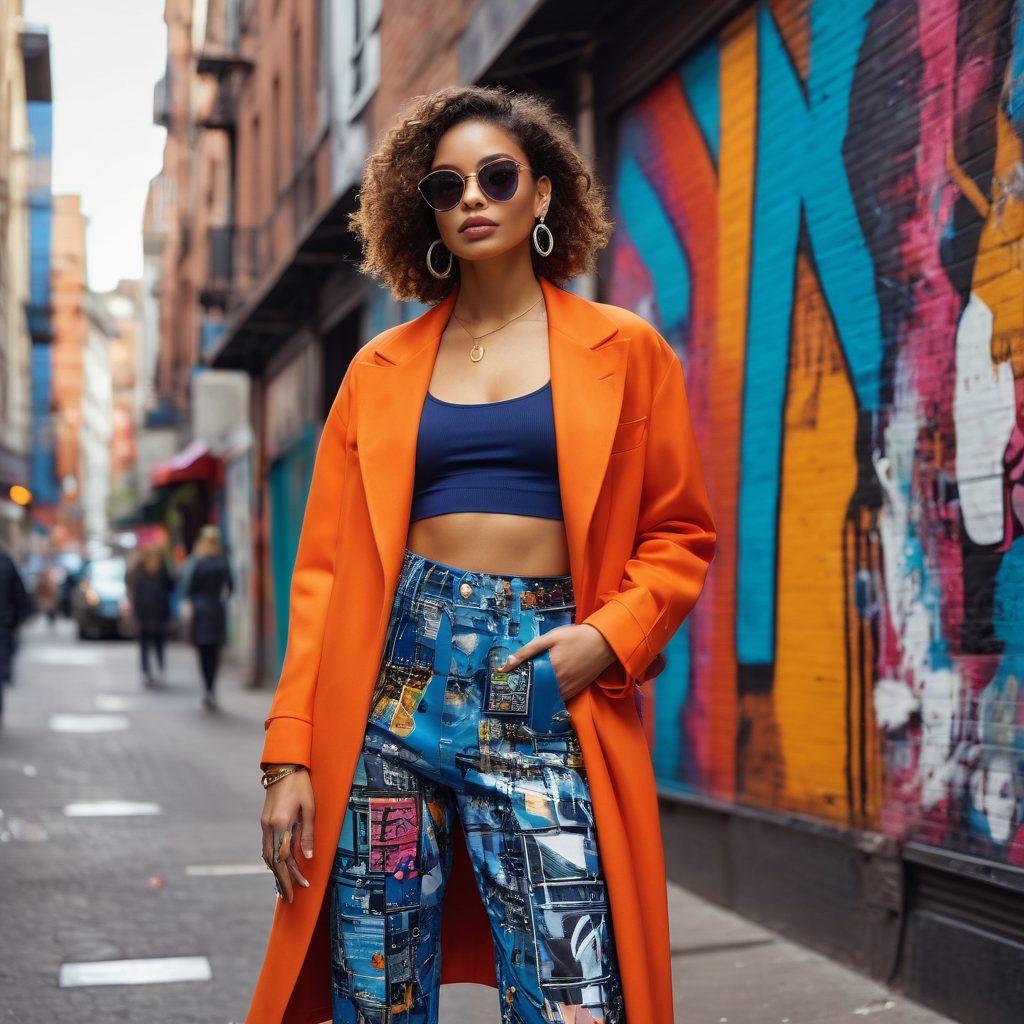 A stylish woman standing confidently on a bustling city street, showcasing her fashionable outfit that combines various textures and bold colors. She is surrounded by trendy street art and showcases accessories that reflect the latest fashion trends. Elements like digital fashion boards and futuristic silhouettes hover around, emphasizing innovation in women's apparel. The atmosphere is vibrant and energetic, capturing the essence of modern fashion. super-realistic. vibrant colors. 3D.